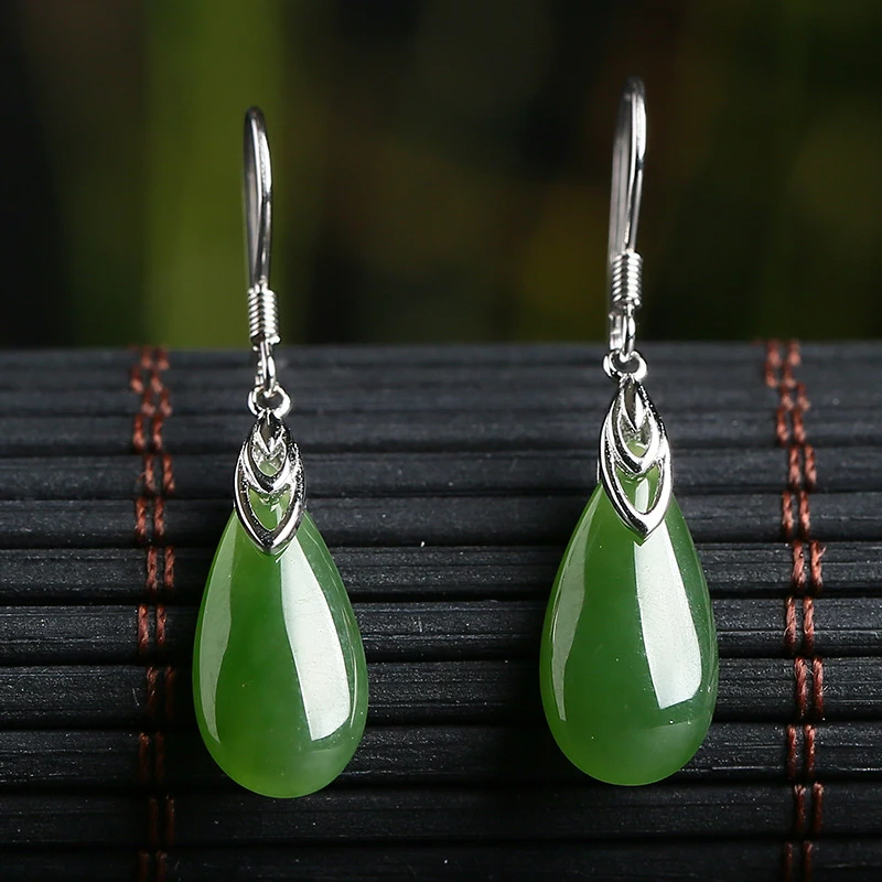 

Hotan , Jade Inlaid with 925 Silver, Women's Drop Earrings