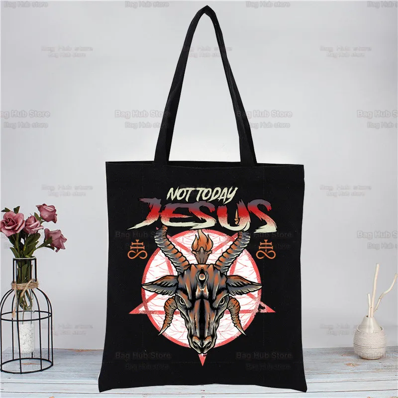 Baphomet Occult Goat Shopping Black Bags Canvas Tote Bag Reusable Satan Demon Ghost Cloth Bag Handbag Scary Evil Shoulder Bags