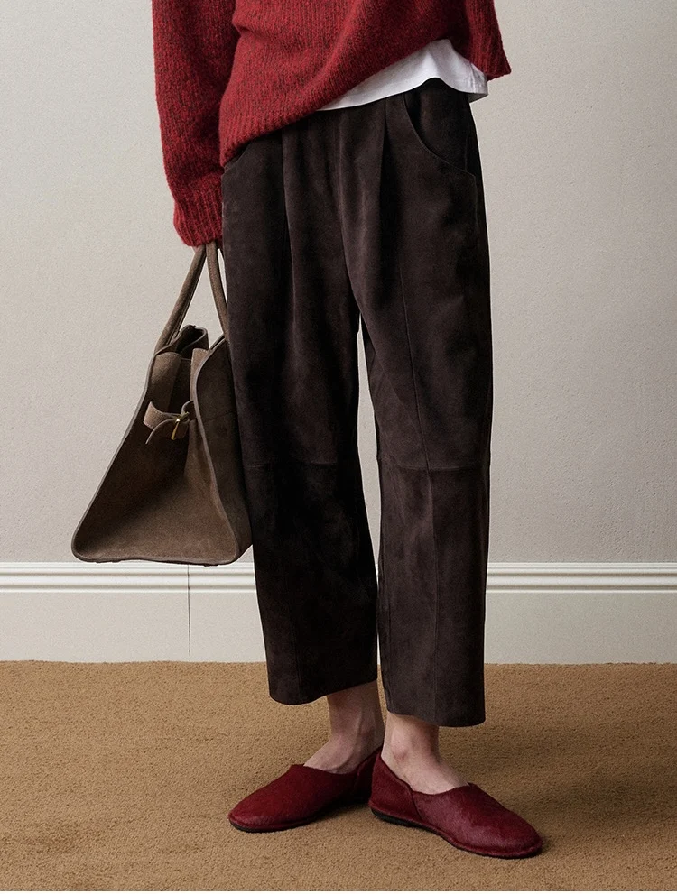 Retro 2025 Leather Ankle-Length Pants Women Elastic Waist Suede Sheepskin Wide Leg Length Straight Cylinder Trousers Black brown