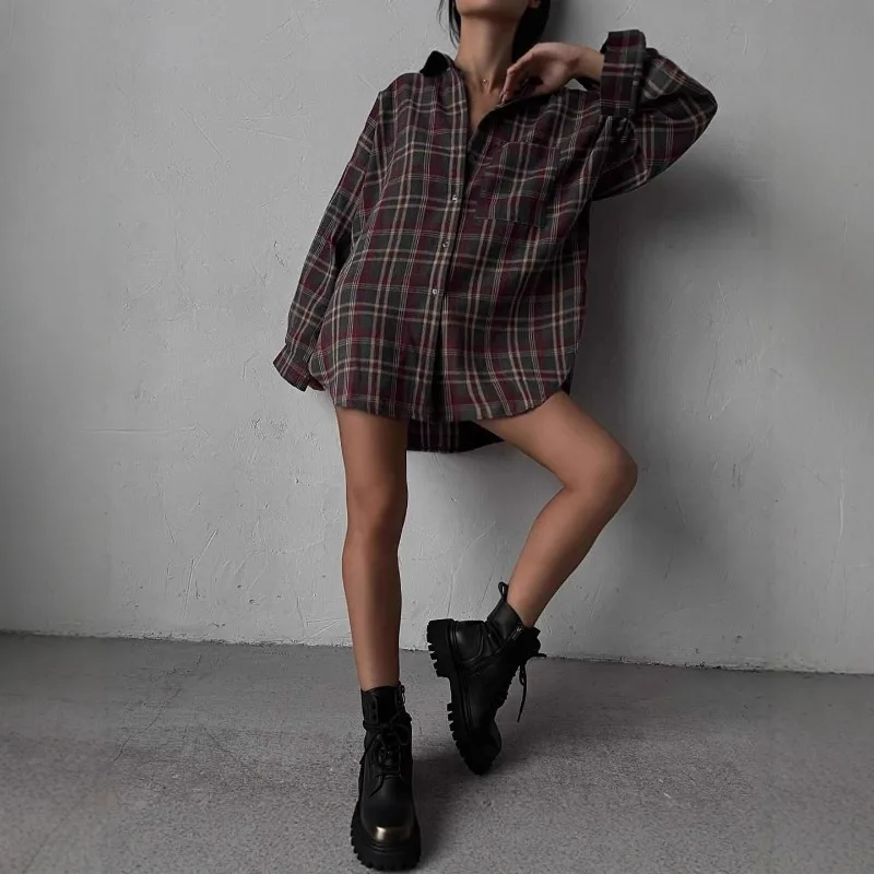 

2026 New Plaid Literary and Retro Versatile Casual Lapel Long-sleeved Jacket Cardigan Shirt Women