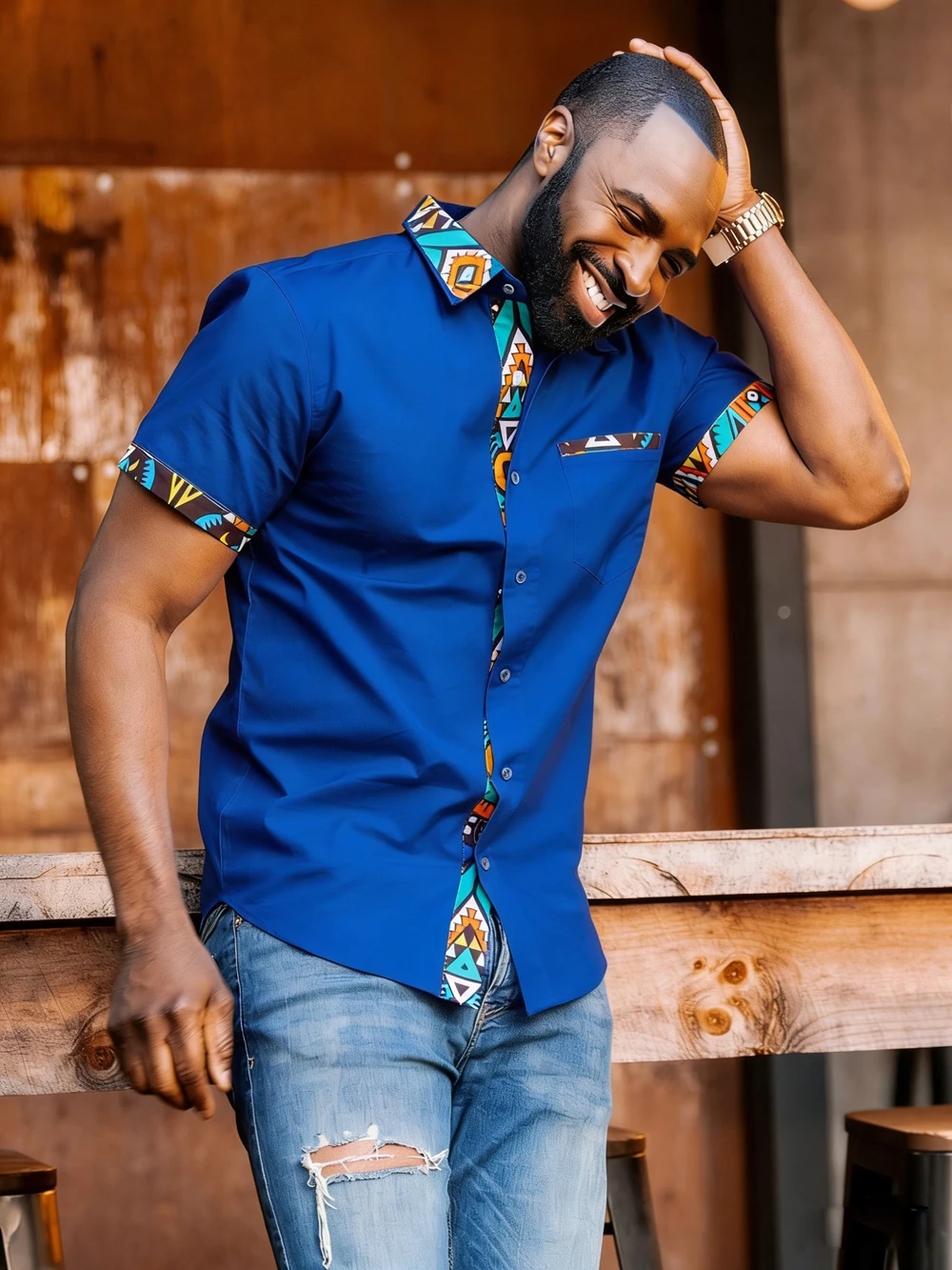 Solid Yellow Base Ethnic African Geometric Splice Pattern Unisex Short Sleeve Blouse Camp Collar Loose Vacation Shirt