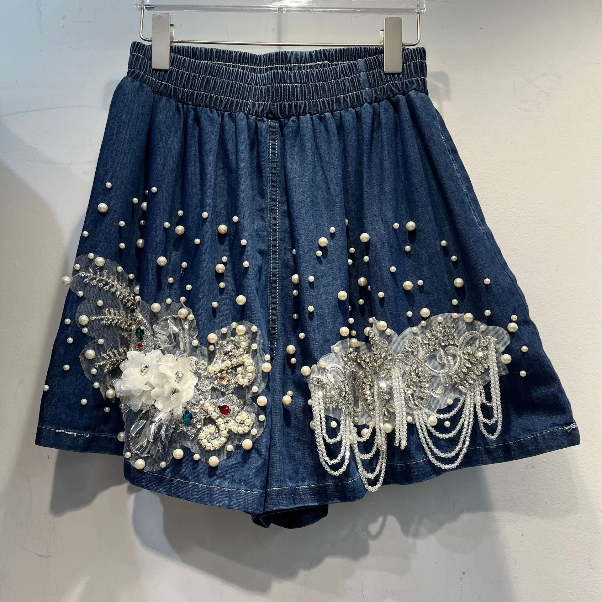 Pesante impreziosito diamante ort Sve Denim irt Top elastico in vita Set due pezzi Colletto da collezione primaverile Faion da donna