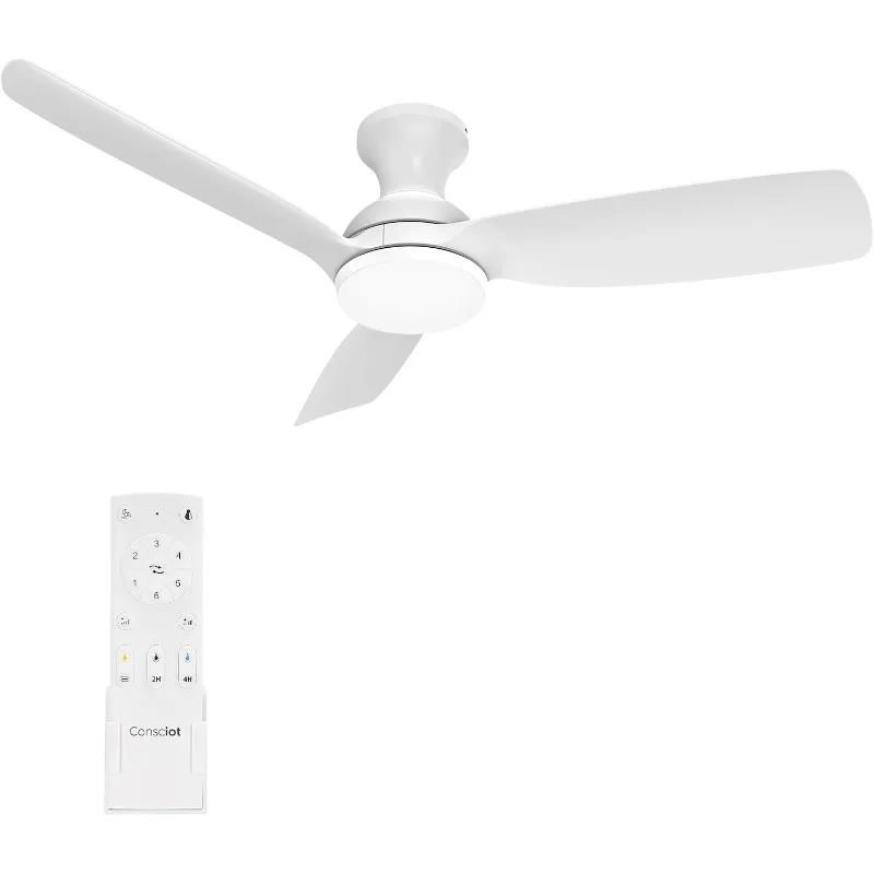 Ceiling Fan With Lights Remote Control, 44 Inch White Low Profile Fan, Flush Mount, Reversible Quiet DC Motor, 6 Speed, Dimmable