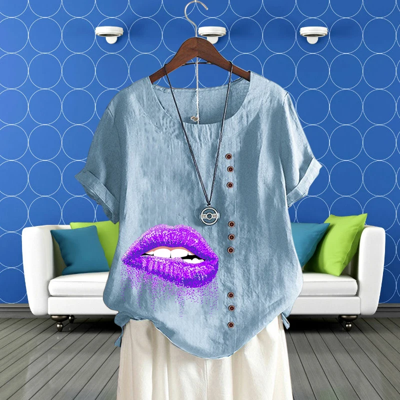 Purple Mouth Lips Pattern Printing T Shirt Women's Pullover O Neck Short Sleeve Plus Size Round Neck Top Loose Linen Shirt for