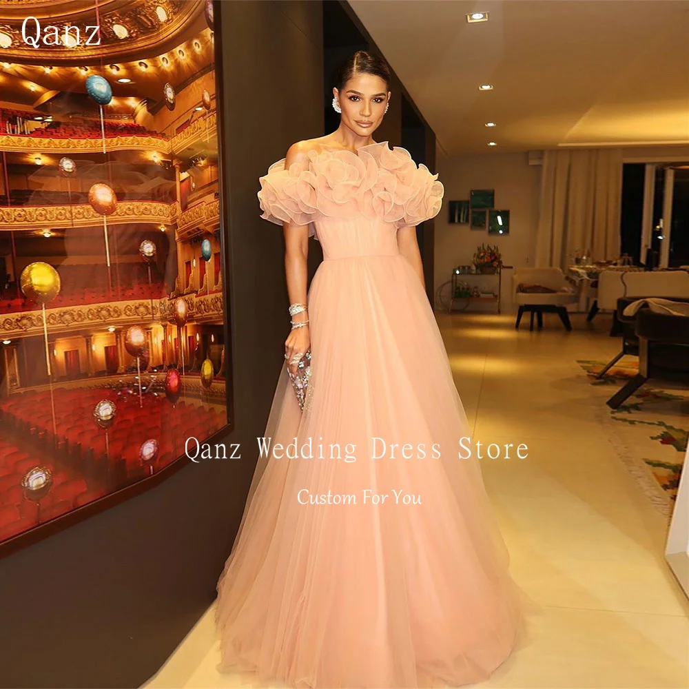 

Qanz Customized Blush Wedding Party Dress Off the Shoulder Tulle Long A Line Evening Dresses Ruffles Flower Vestidos De Fiesta