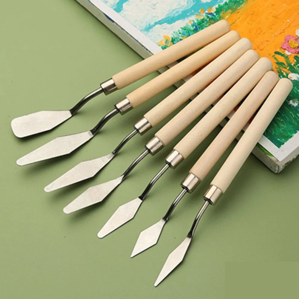 7pcs Art Oil Painting Scraper Wooden Flat Head Stainless Steel Gouache Paint Color Sharp Knife Art Tools Student Art Supplies