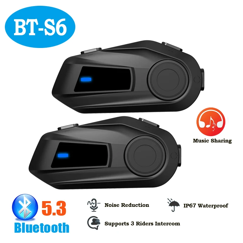 

Bluetooth-гарнитура для мотоциклетного шлема BT-S6: поддержка связи между 3 райдерами, шумоподавление, обмен музыкой, водонепроницаемость, подключение 2 телефонов