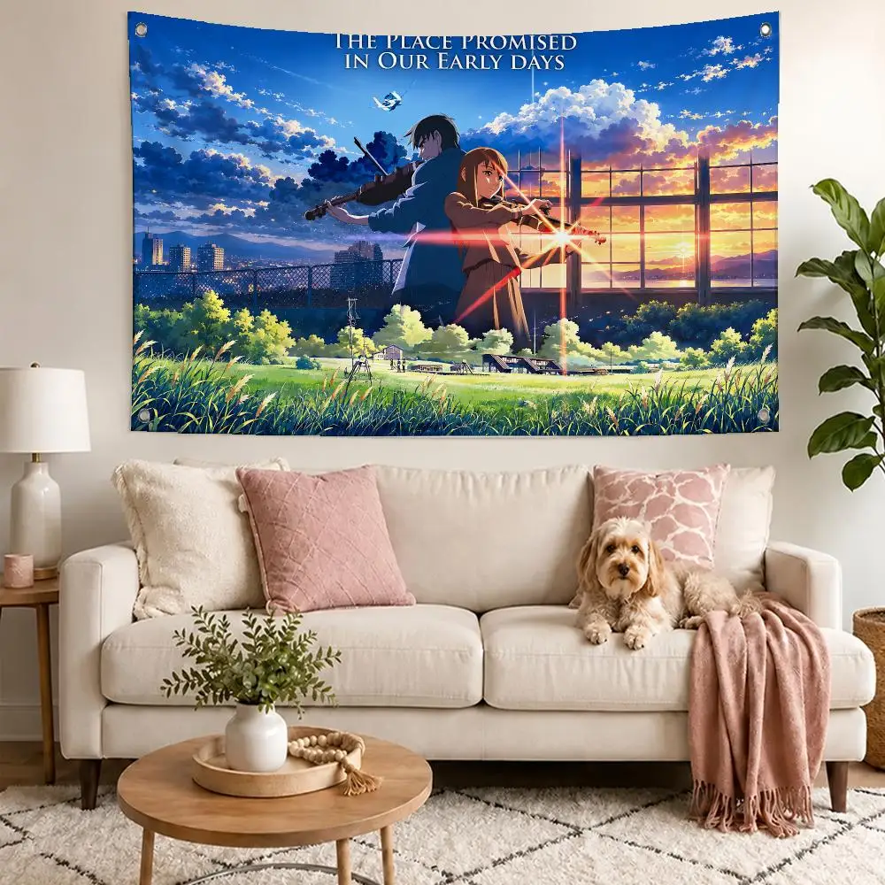 Hot Anime Place Promised Flags Concert Print Wall Hanging Art Banner, Indoor Outdoor Bedroom Home Decor Backdrop, Perfect Gift