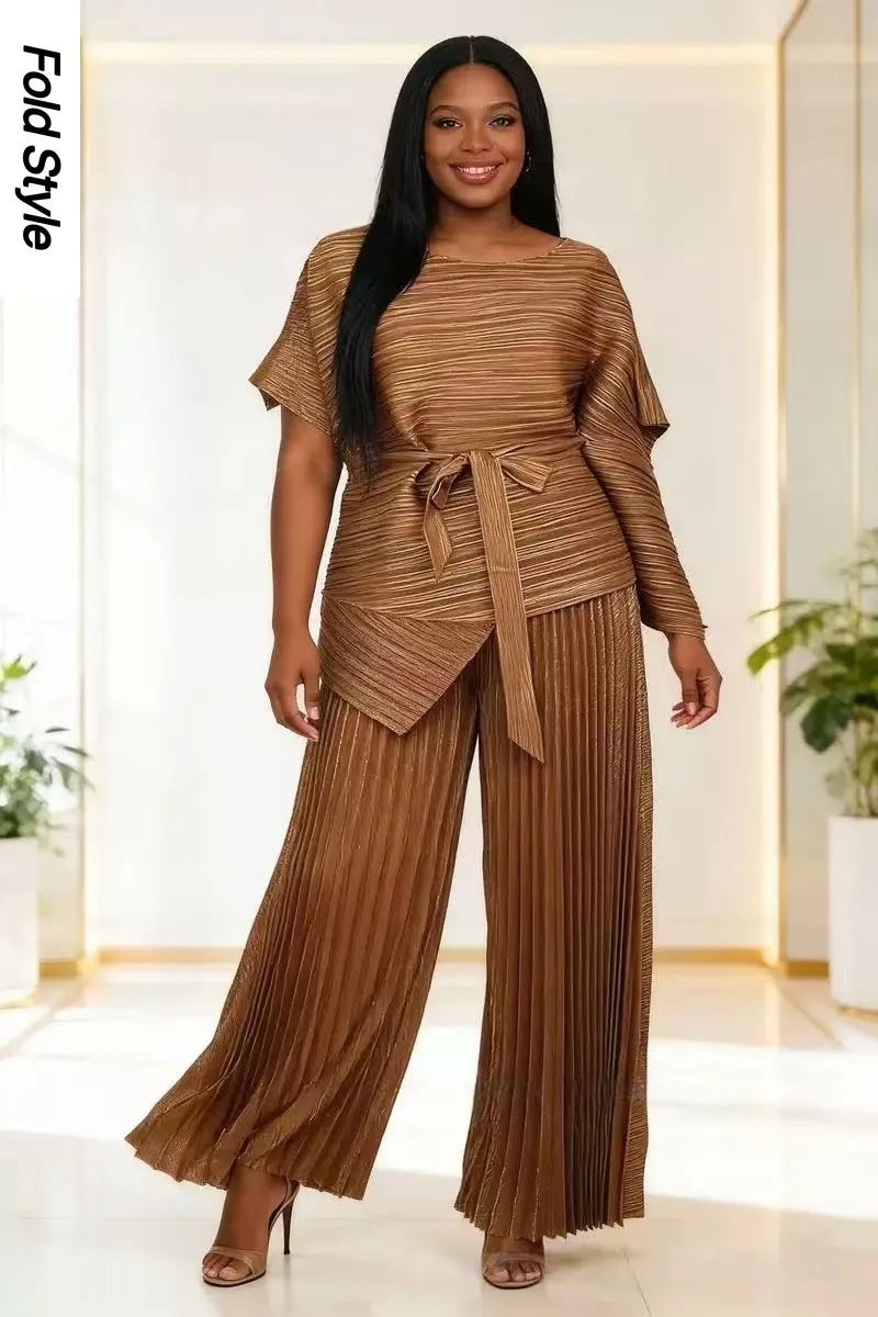 

Элегантный модный костюм Miyake: женский плиссированный пуловер и свободные плиссированные брюки, комплект из двух предметов