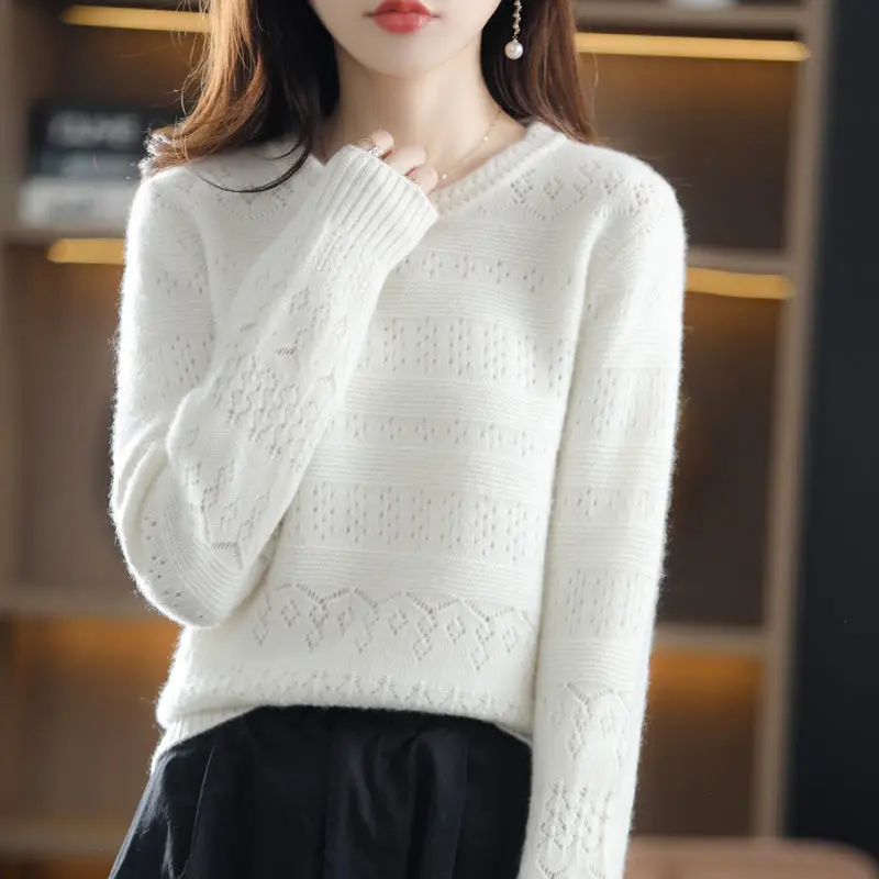 Korean Simple Style Hollow Soft All Match Basic Knitted Sweaters for Women Spring Autumn Casual O Neck Long Sleeve Pullover Tops