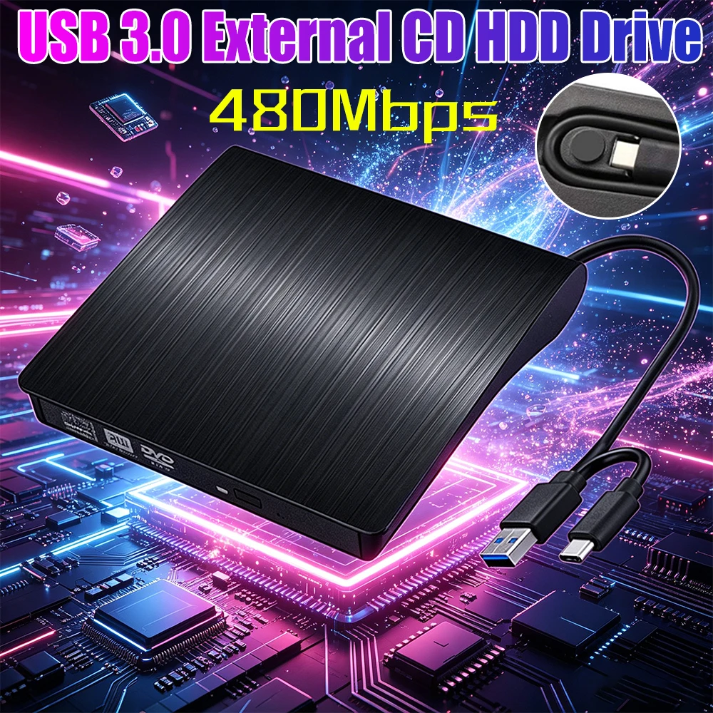 480 Mbit/s USB 3.0 externes CD-/HDD-Laufwerk, unterstützt Windows / Mac OS, USB 3.0 / USB3.0+Type-C Brenner und Player für Laptop, Desktop-PC, Computer