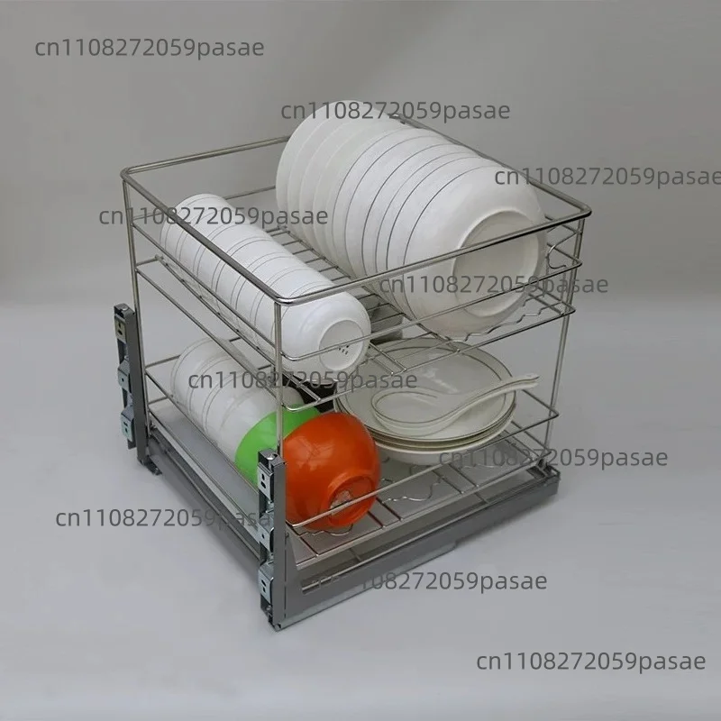Stainless Steel Double-Layer Pot Rack with Pull-Out Baskets, Dish Rack with Storage Drawers, Bottom-Mounted
