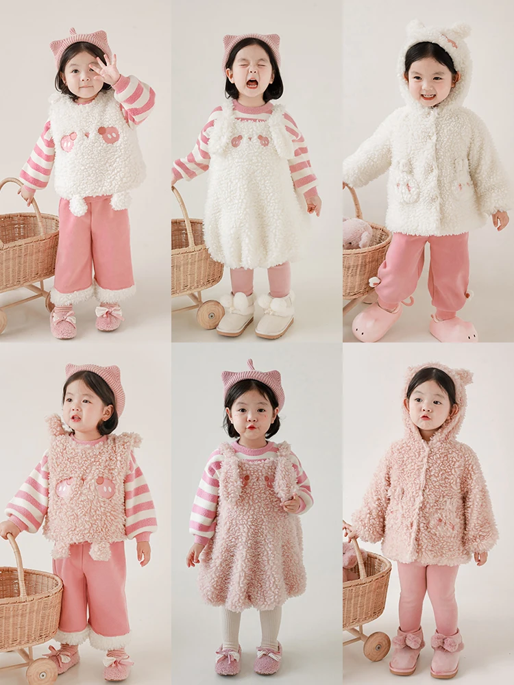 

Girl's Playful Cute Windproof Hooded Jacket Solid Color Straight Leg Pants Multi-piece Trendy Set