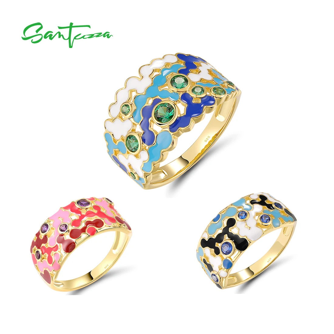 SANTUZZA Authentic 925 Sterling Silver Rings For Women Sparkling Gems Enamel Mosaic Elegant Party Gifts Individual Fine Jewelry