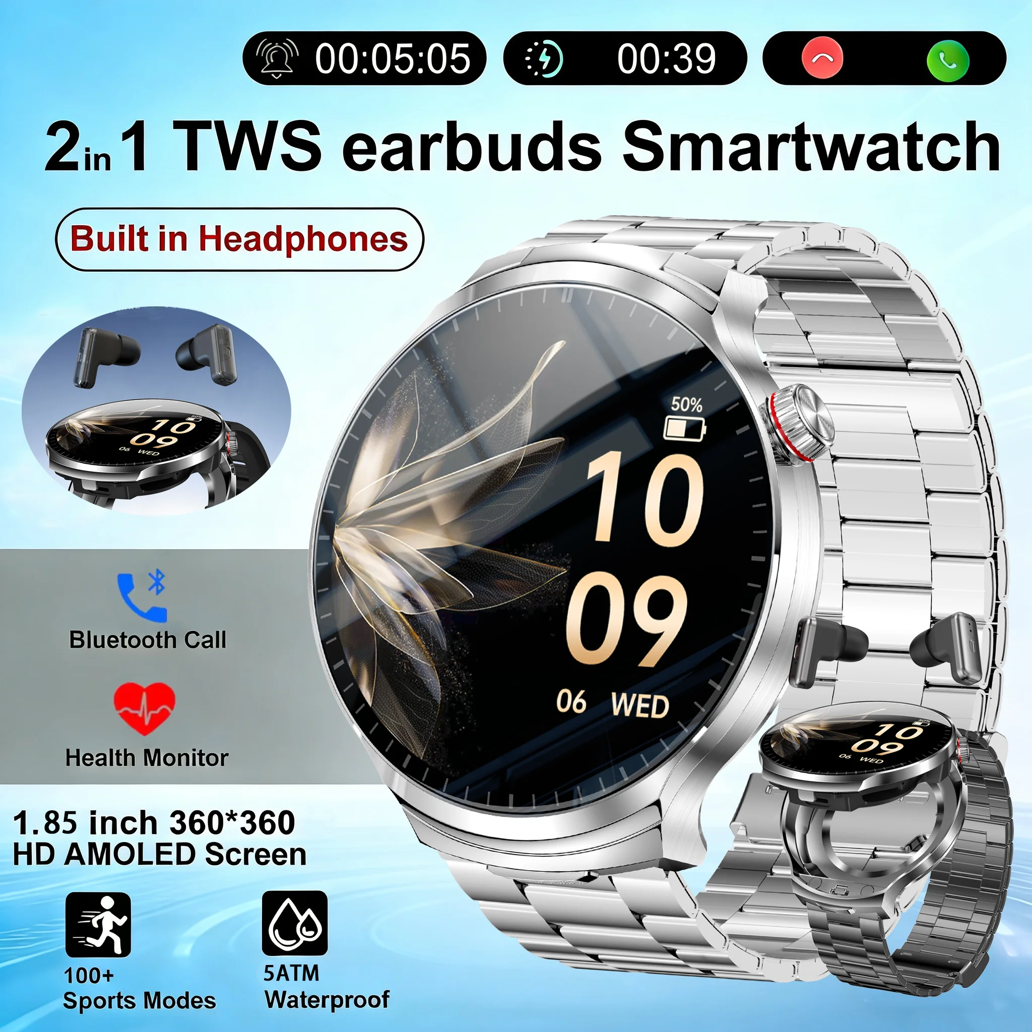 

НОВЫЕ умные часы 2 в 1, трекер, компас, встроенные наушники, Bluetooth-вызов, умные часы, монитор здоровья, фитнес-мужские спортивные часы