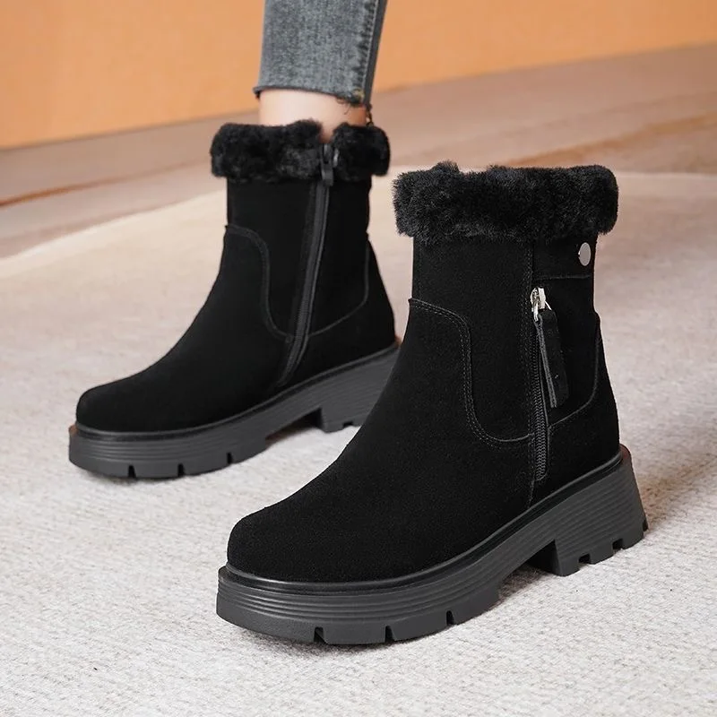 Boots For Women Round Toe Side Zipper Motorcycle Boots 2024 Winter New Suede Platform Shoes Mid Calf Flat With Shoes Casual New