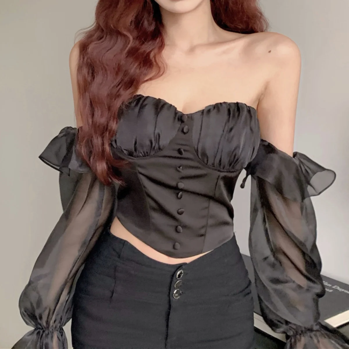 

Women White Gauze Elegant Bare Shoulder Camisole Fashion Puff Long Sleeves Chiffon Blouse Tank Tops Solid Mesh Slim Vest T-shirt