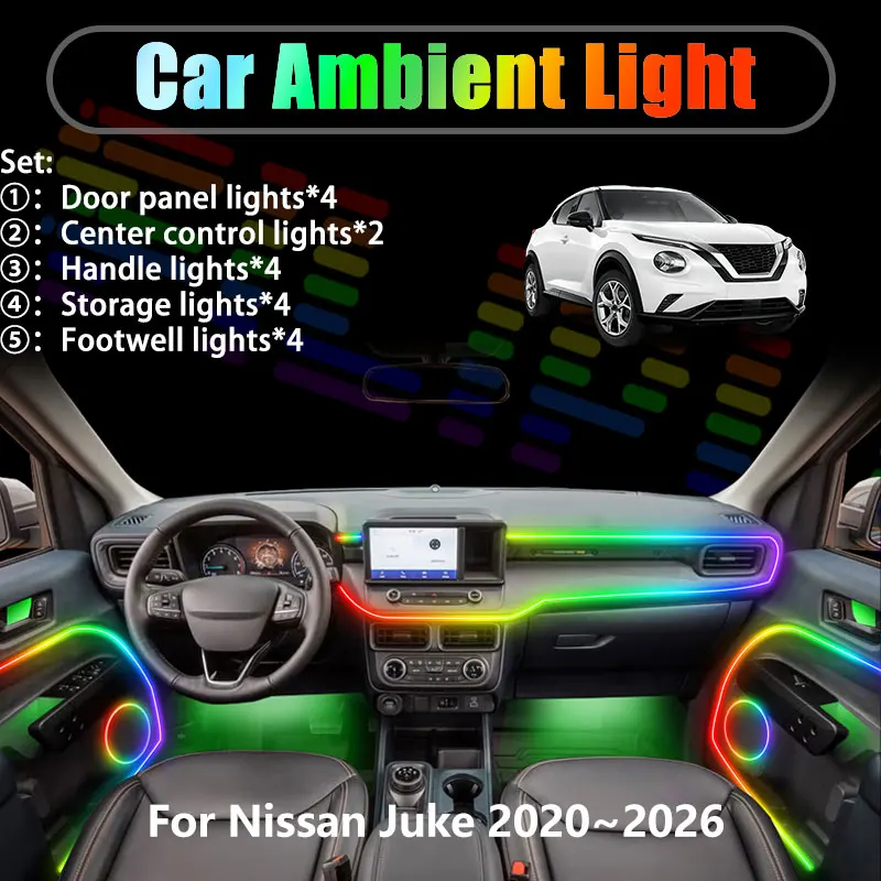 

For Nissan Juke 2020~2026 F16 MK2 2021 2/18 in 1 Car ambient lighting Led trunk interior led lights USB RGB Ensemble Streamer