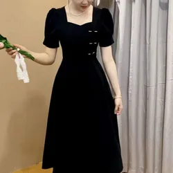 Chinese Style Retro 2024 Summer New Women's Square Collar Button Solid Color Puff Sleeve Elegant Fashion Slim Zipper Midi Dress
