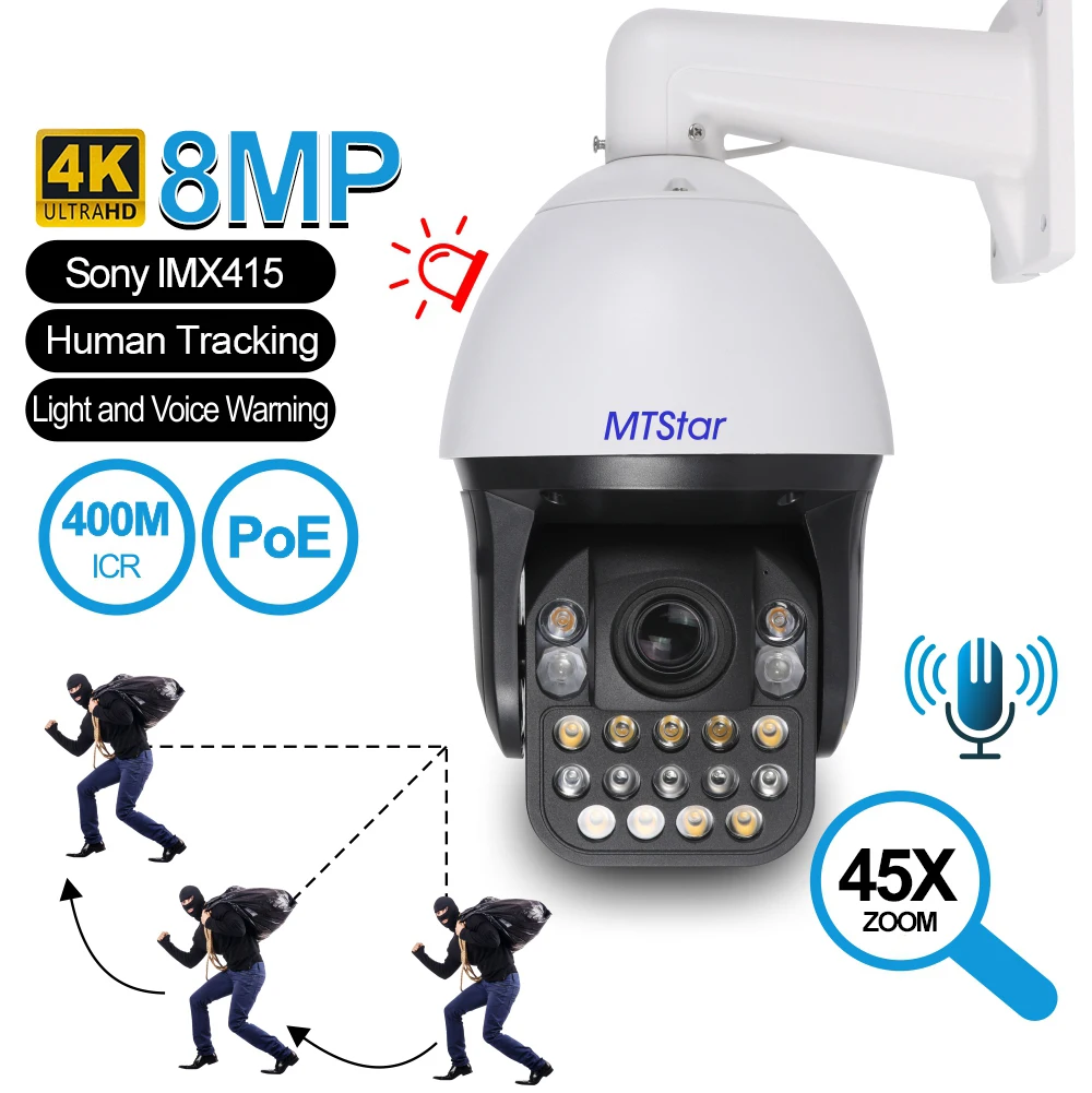 

4K 8MP With PoE 45x Zoom Camera PTZ Solar Security Protection Human Tracking Fulcolor IR 400m Audio 40X Optical + 5X Digital