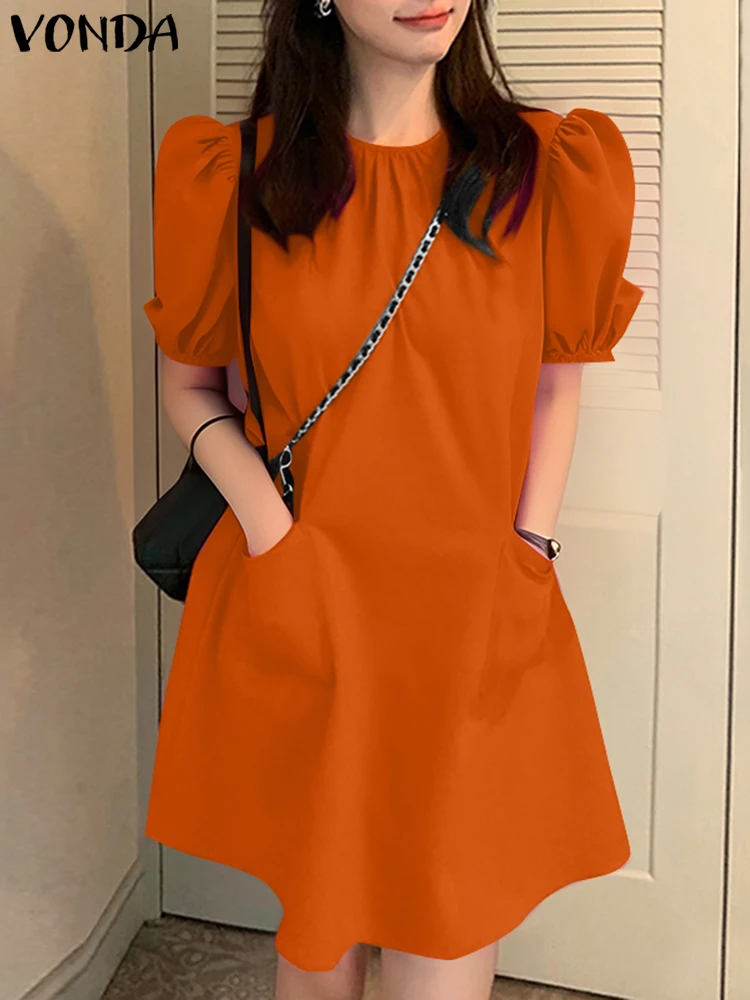 VONDA Women Party Dress Solid Color Casual Office Work Mini Sundress 2025 Summer Female O Neck Vestidos Oversized Loose Robe