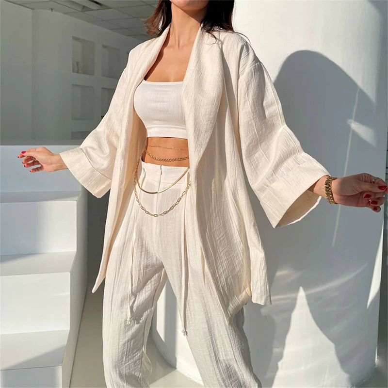 Oversize Women 2 Pcs With Pant Summer Loose Pajamas Set Solid Long Sleeve Kimono With Sashes Sleepwear Pijama Suit For Female