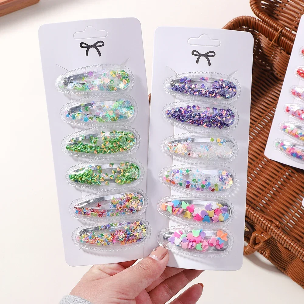 6 unids/set de pasadores de pelo BB con lentejuelas para niñas, Clips de dibujos animados transparentes que fluyen, flequillo para niños, agarre