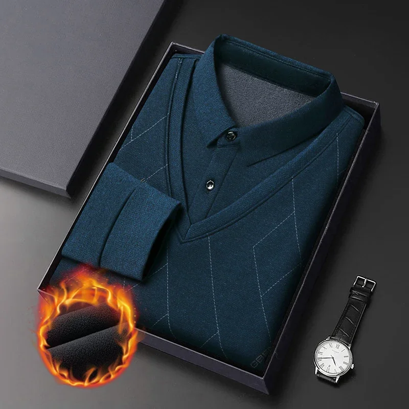 T-Shirt a maniche lunghe con risvolto da uomo invernale con peluche e calore addensato, camicia a due pezzi finta, maglione con colletto, camicia a maglia