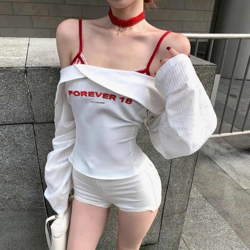 2024 Autumn New Off-shoulder Letter Embroidery Loose Casual Long Sleeve Shirt Women + Sexy Plaid Camisole Two-piece Suit