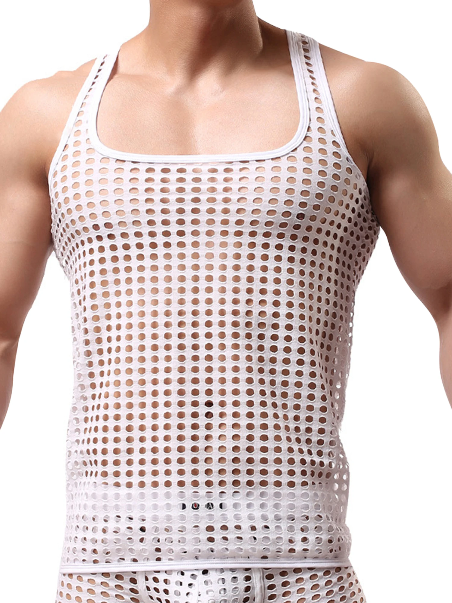 

LOSIBUDSA Men s Stylish Mesh Fishnet Tank Tops Sleeveless Hollow Out V-Neck Slim Fit Sheer Muscle T-shirts