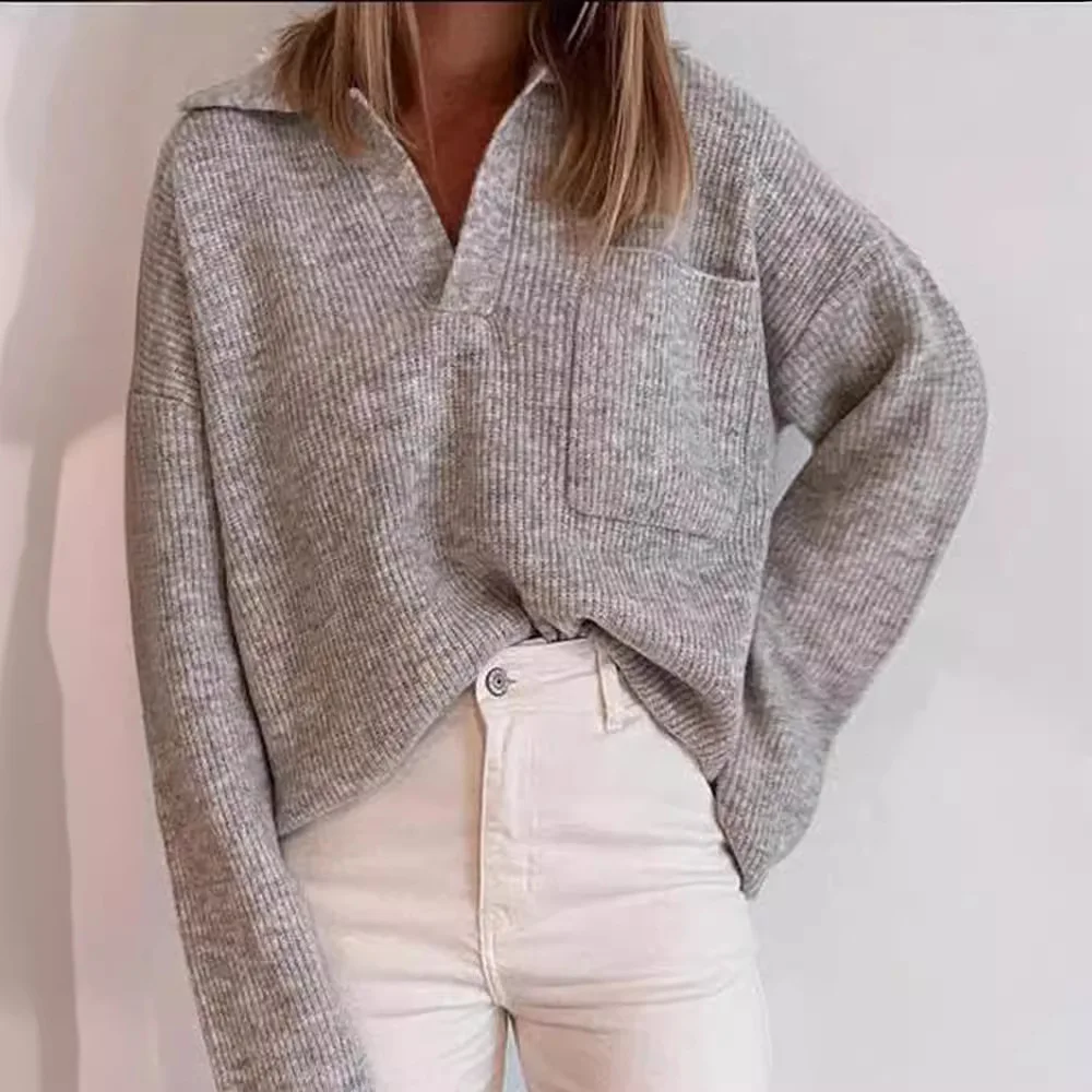 2024 Autumn Fashion High Street Women's Casual Loose Solid V-neck Long Sleeve Pocket Sweater Commuter Style