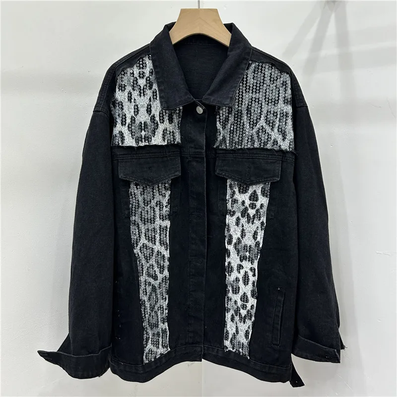 

Jackets Denim Coat Women Leopard Print Outerwear Vintage 2025 Autumn Overcoat Y2k Turn Down Collar Single Breasted Streetwear