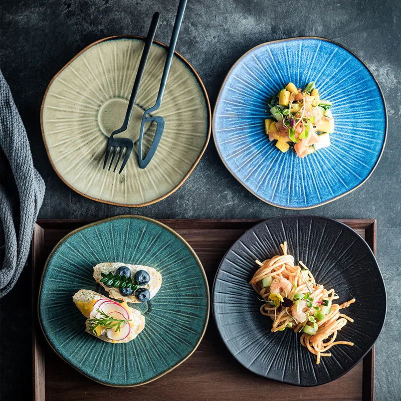 

Керамическая дубовая неглубокая тарелка в японском стиле для ресторана, винтажная тарелка для западной кухни, круглая тарелка для стейка, десерта