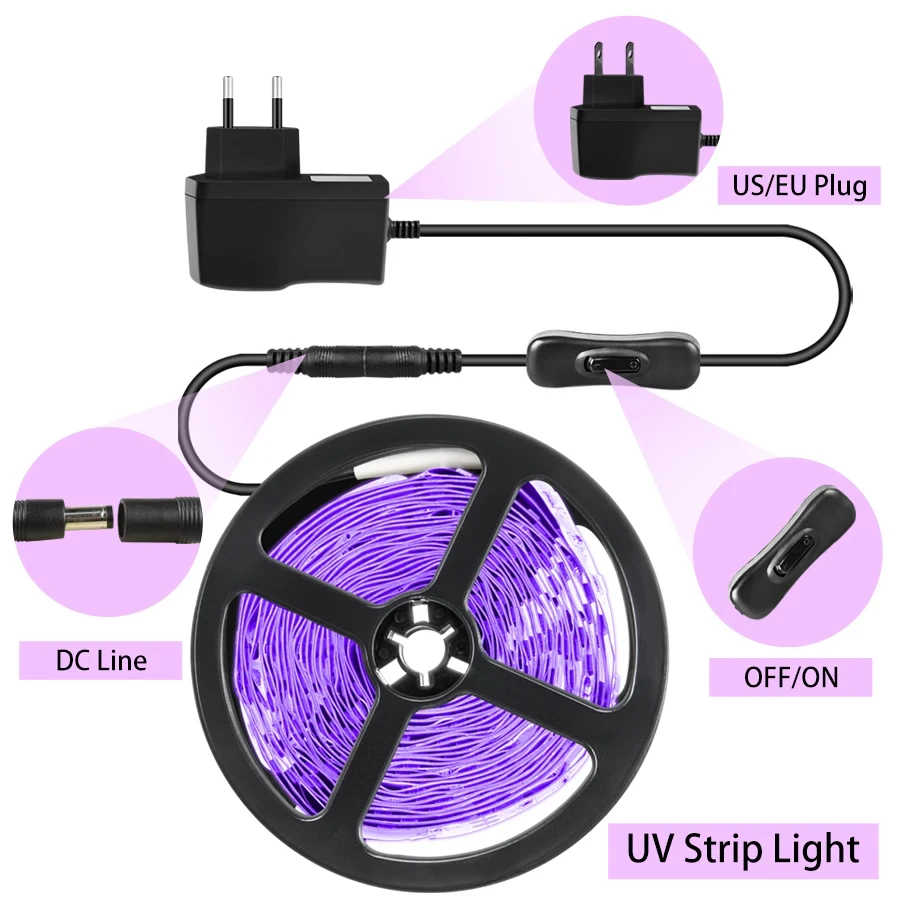 UV DC 12V 5M LED listwa oświetleniowa ultrafioletowe 385-400nm czarne światło 2835 SMD UV lampa elastyczna taśma LED do świecenia fluorescencji party