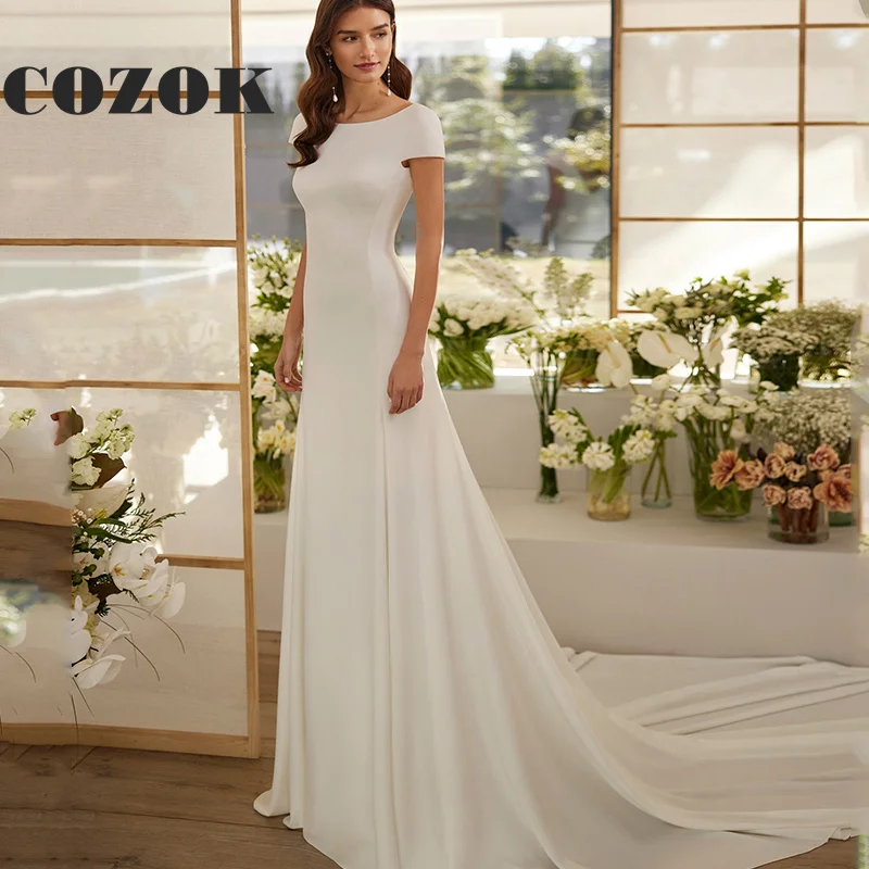 

Elegant Satin Short Sleeve Wedding Dresses Simple Backless Floor-Length O Neck Bridal Gowns Vestidos De Novia Custom Z56Z