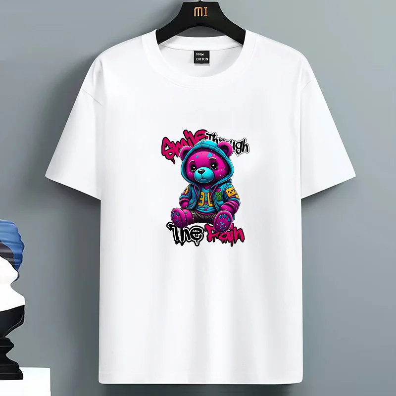 

Luxury Men's 100% Cotton Summer Loose Size Creative Bear Printed Slim Fit Casual Sports Round Neck Short Sleeved T-Shirt Top