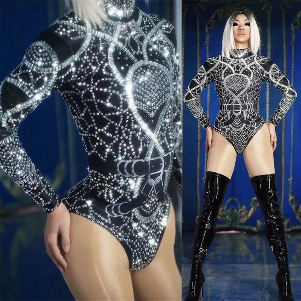 

Silver Rhinestones Printed Bodysuit Sexy Nightclub Bar DJ Dancer Singer Stage Wear Club Party Rave Outfit Performance Costume