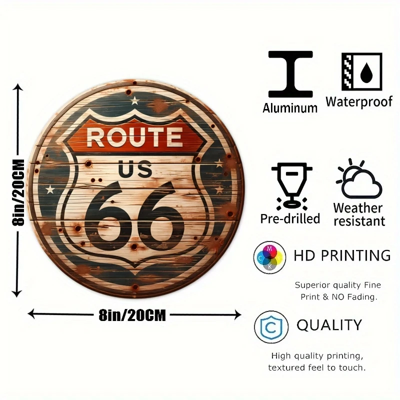 Tiki Bar Route 66 3D Round Metal Aluminum Sign Art Decorative Plates Entrance Gift Mask Theme For Bar Club Home Room Wall Decor