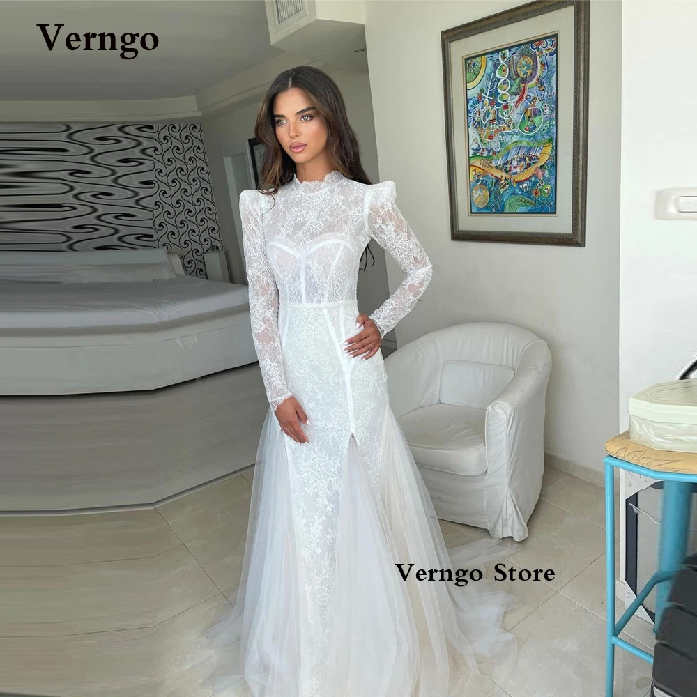 Verngo Elegant Mermaid Lace Wedding Dresses Long Sleeves High Neck Tulle Dubai Arabic Women Bridal Gowns Robe de mariage