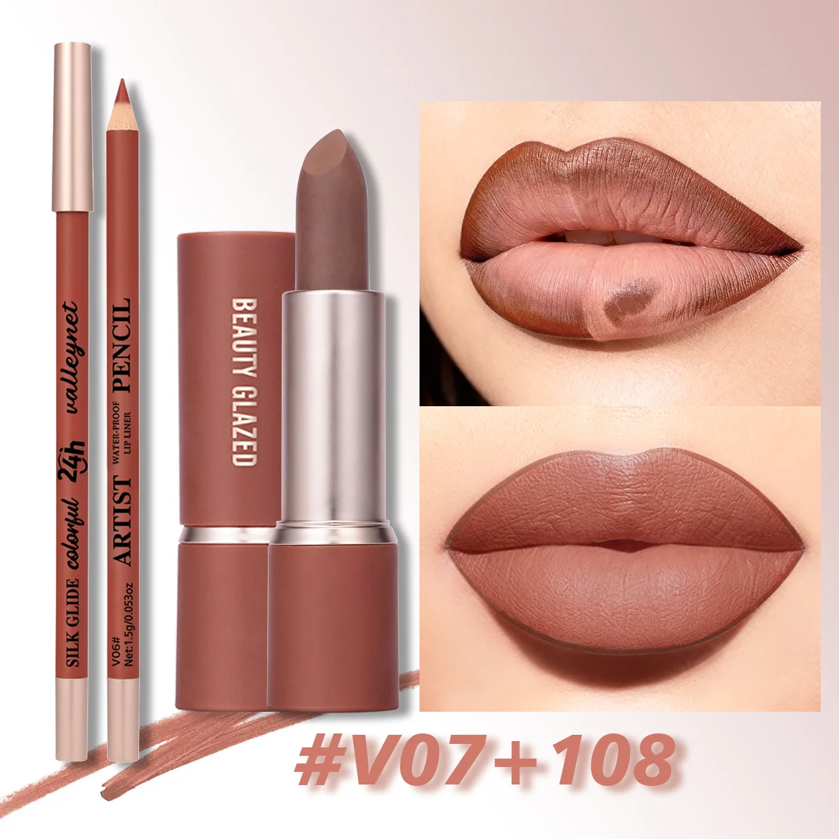 2Pcs/Set Matte Velvet Lipstick and Lip Glaze Set Long Lasting Waterproof Pink Tones Everyday Makeup Look Lip Combo Set - view 3