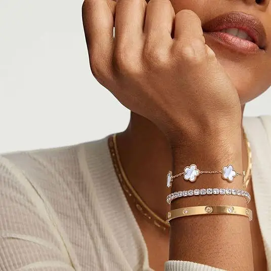 3Pcs Flower Stackable Gold Bracelet Set 18K Gold Plated Stainless Steel Wrist Jewelry Valentine Birthday Gift for Women