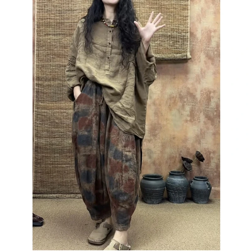 

2026 New Arrival Spring/autumn Women Tie Dye Design Ankle-length Pants Casual Loose Cotton Linen Elastic Waist Harem Pants S179