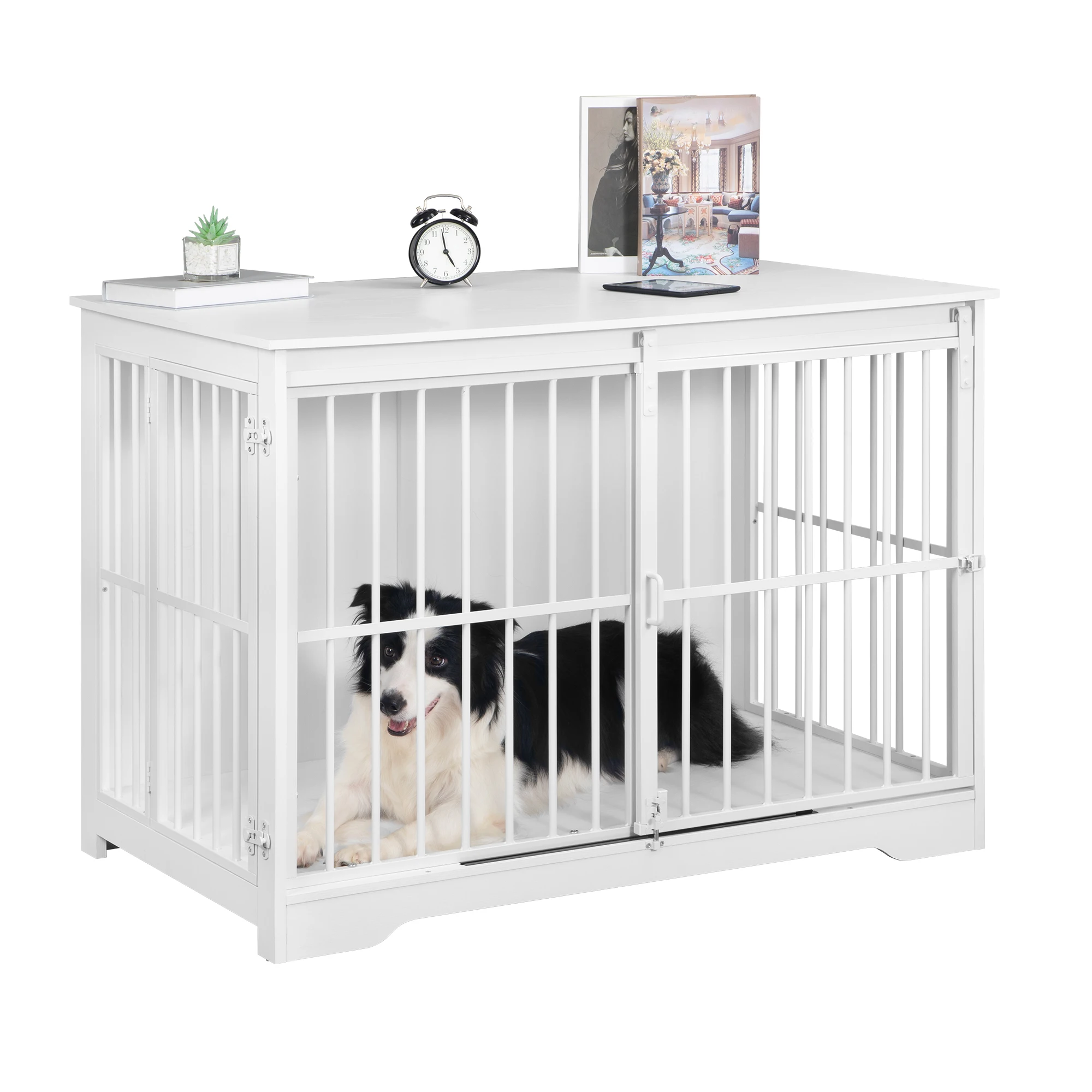 Hondenkennel, 2 deuren, moderne binnenhondenkennel voor kleine/middelgrote/grote honden tot 100 kg, bijzettafel, versterkte schuifdeur