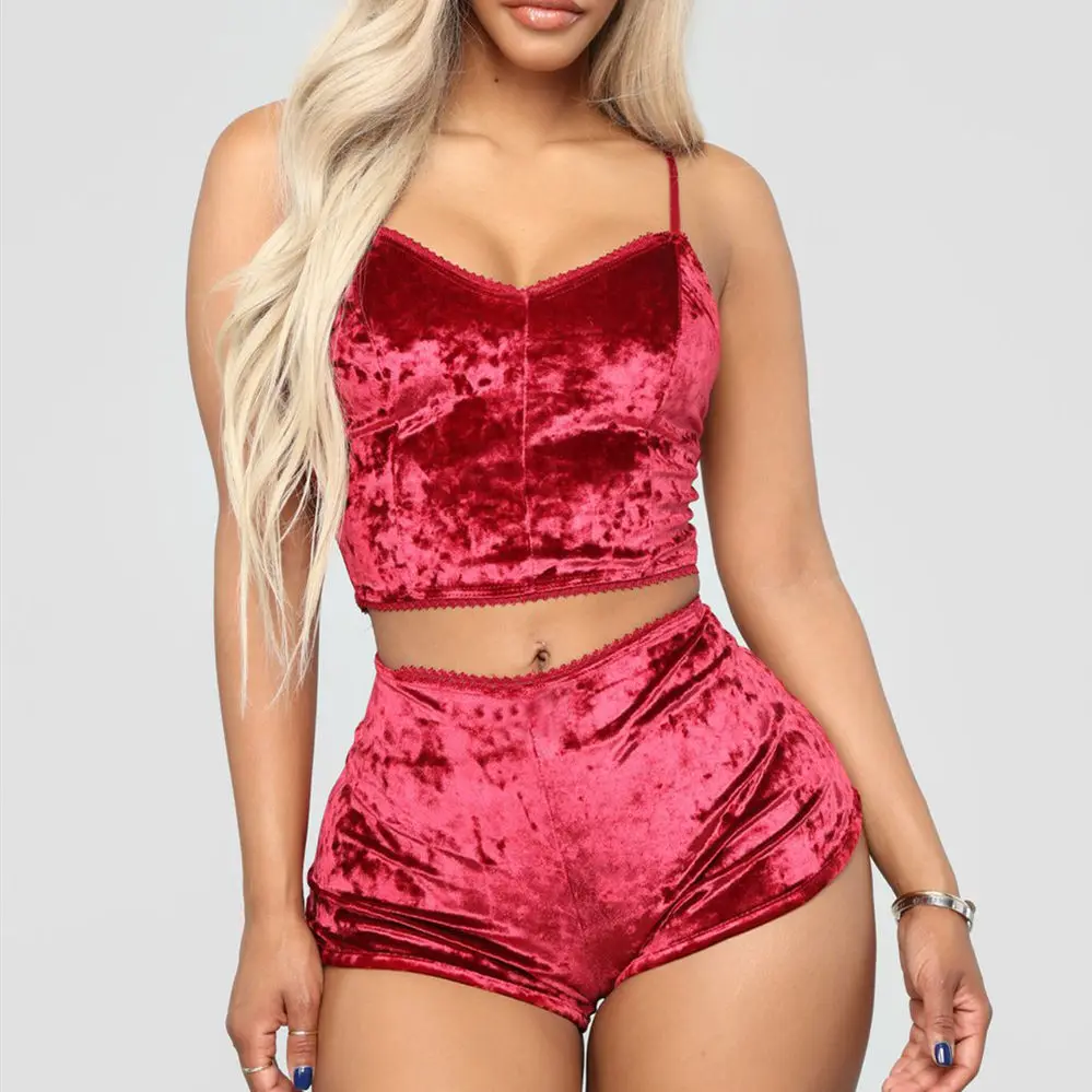 Hot Women 2 piece set Velvet Sleepwear Sexy Spaghetti Strap Shorts Pajamas Suit Ladies Casual Sleepwear Female Pajama Party Set