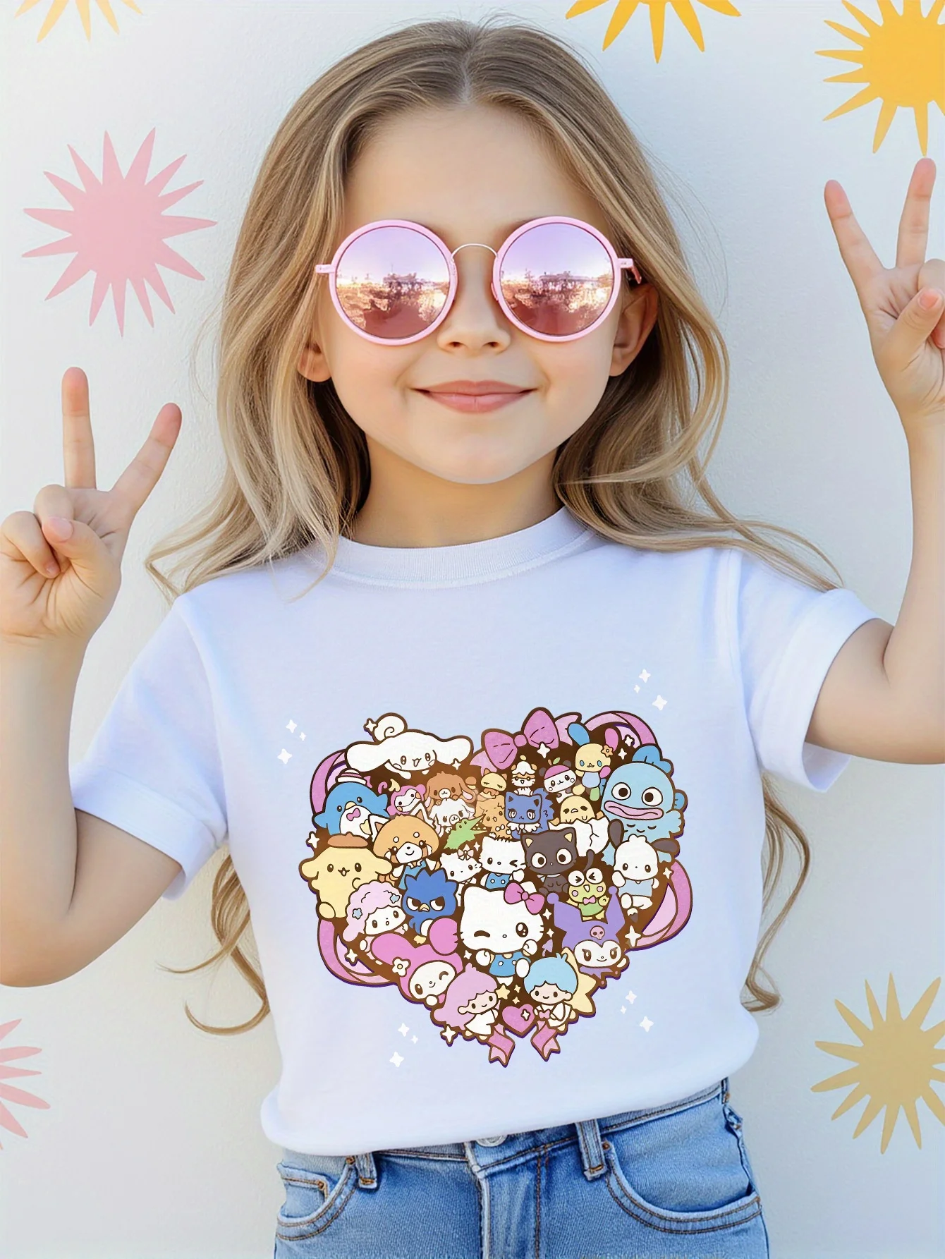 Camiseta de Hello Kitty y sus amigos para niñas, camisetas de algodón de manga corta, camisetas de dibujos animados de Sanrio Y2k, camiseta para niños y niñas, ropa para niños