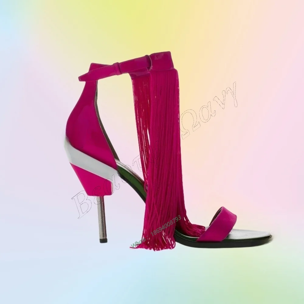 

Pink Front Fringe Decor Sandals Strange Style Worm Ankle Buckle Thin Heel Shoes for Women Heels New Arrival Zapatos Para Mujere