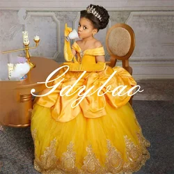 Luxury Crystal Pleat Communion Dress For Girl Strapless A Line Full Puff Lace Appliques Flower Girl Gown vestidos de fiesta