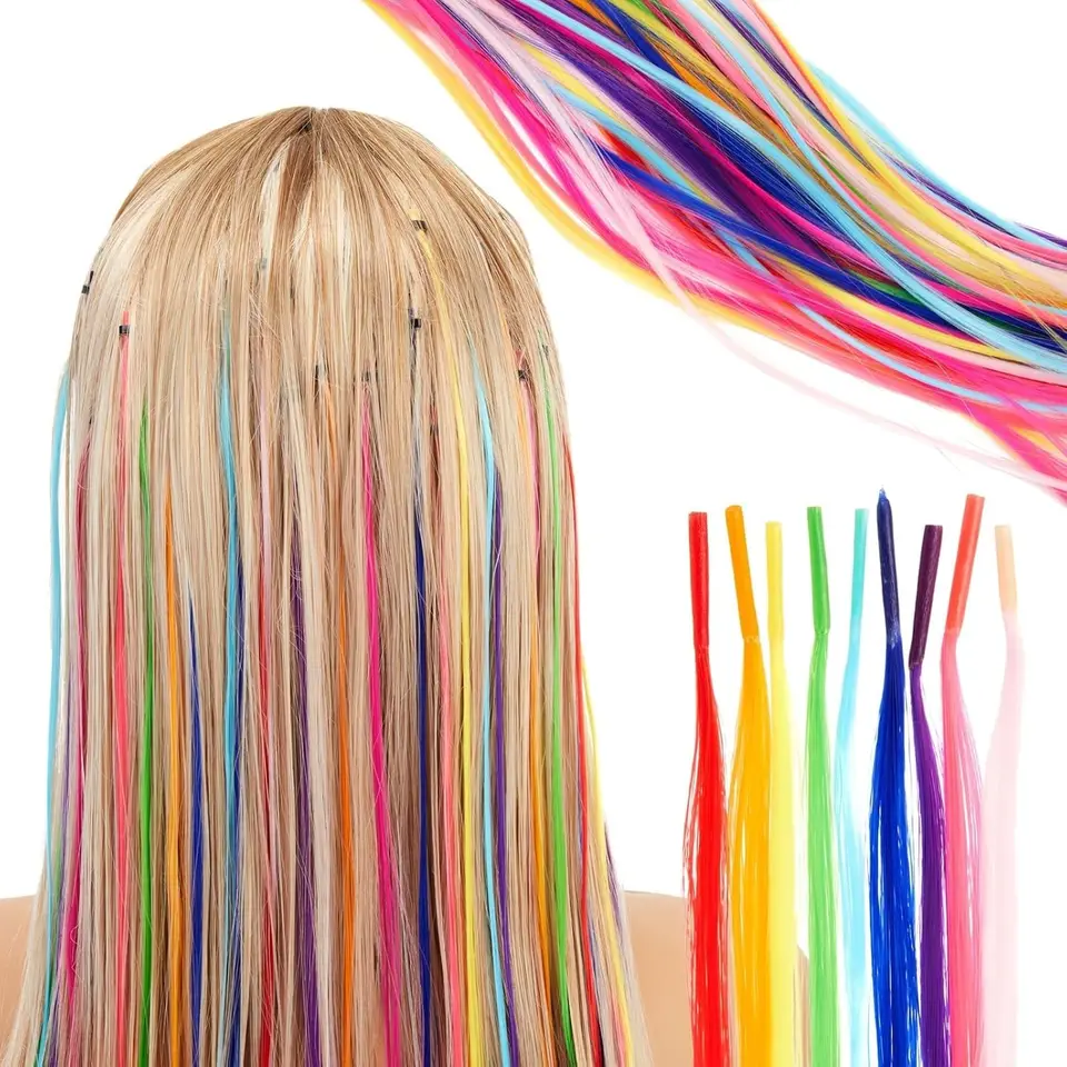 50 plumas para cabello con herramientas de extensión, kit de extensiones sintéticas largas y lisas con cuentas para mujeres y niñas 5