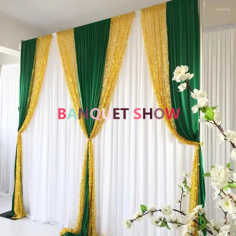 White Color Ice Silk Backdrop Curtain With Green Gold Sequin Drape Swag Stage Background Photo Booth Event Party Decoration