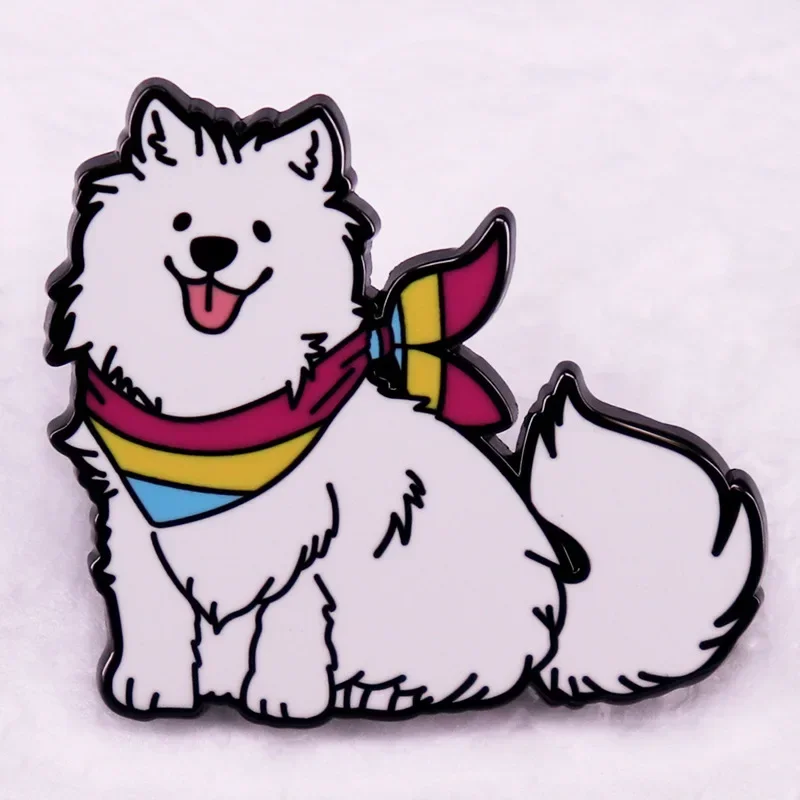 Cute Little White Samoyed Dog with Colorful Scarf Hard Enamel Pin Kawaii Animal Badge Brooch for Jewelry Accessories Gifts